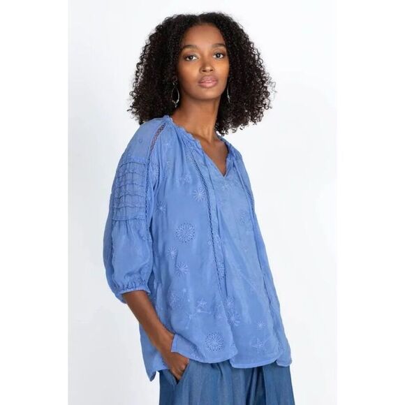 Johnny Was Celestin Tie Closure 3/4 Sleeve Embroidered Blouse - Picture 2 of 8